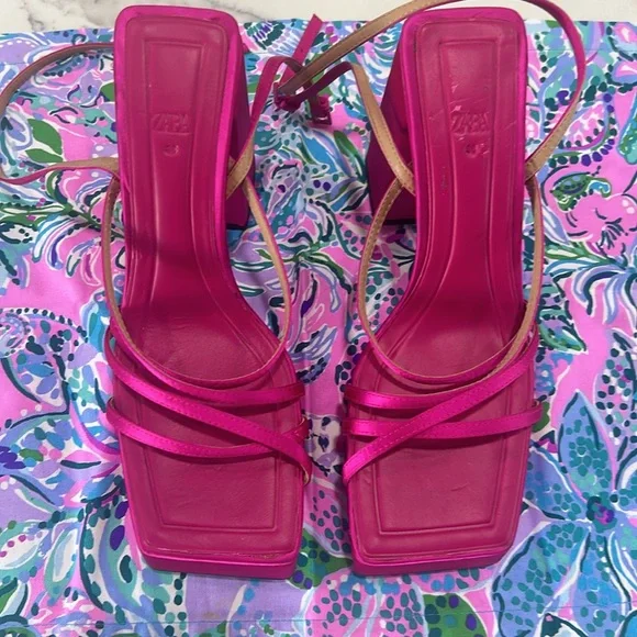 Zara Fuchsia Strappy Heeled Platform Sandals‎ Chunky Satin Pink Barbie. Size 38 - Picture 5 of 8